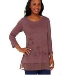 LOGO Lori Goldstein Cotton Tunic Floral Appliqué with Beading Sheer Hem Mauve